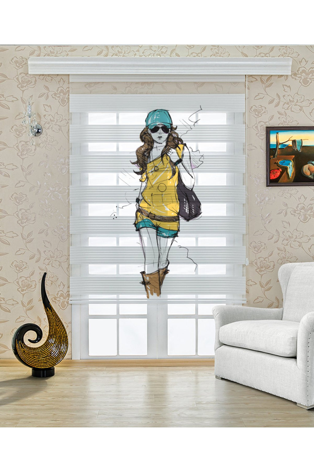 Çocuk odası - City Girl Sarı Elbiseli Kız Zebra Perde - YZN-402