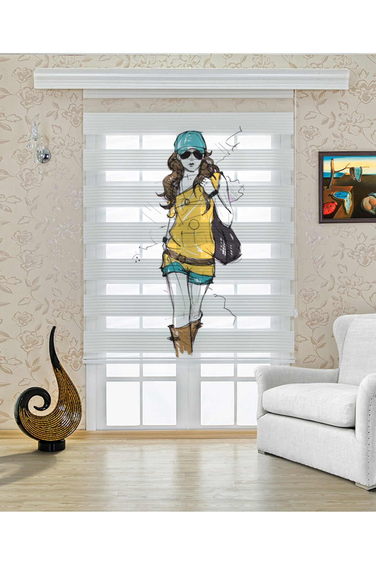 Çocuk odası - City Girl Sarı Elbiseli Kız Zebra Perde - YZN-402