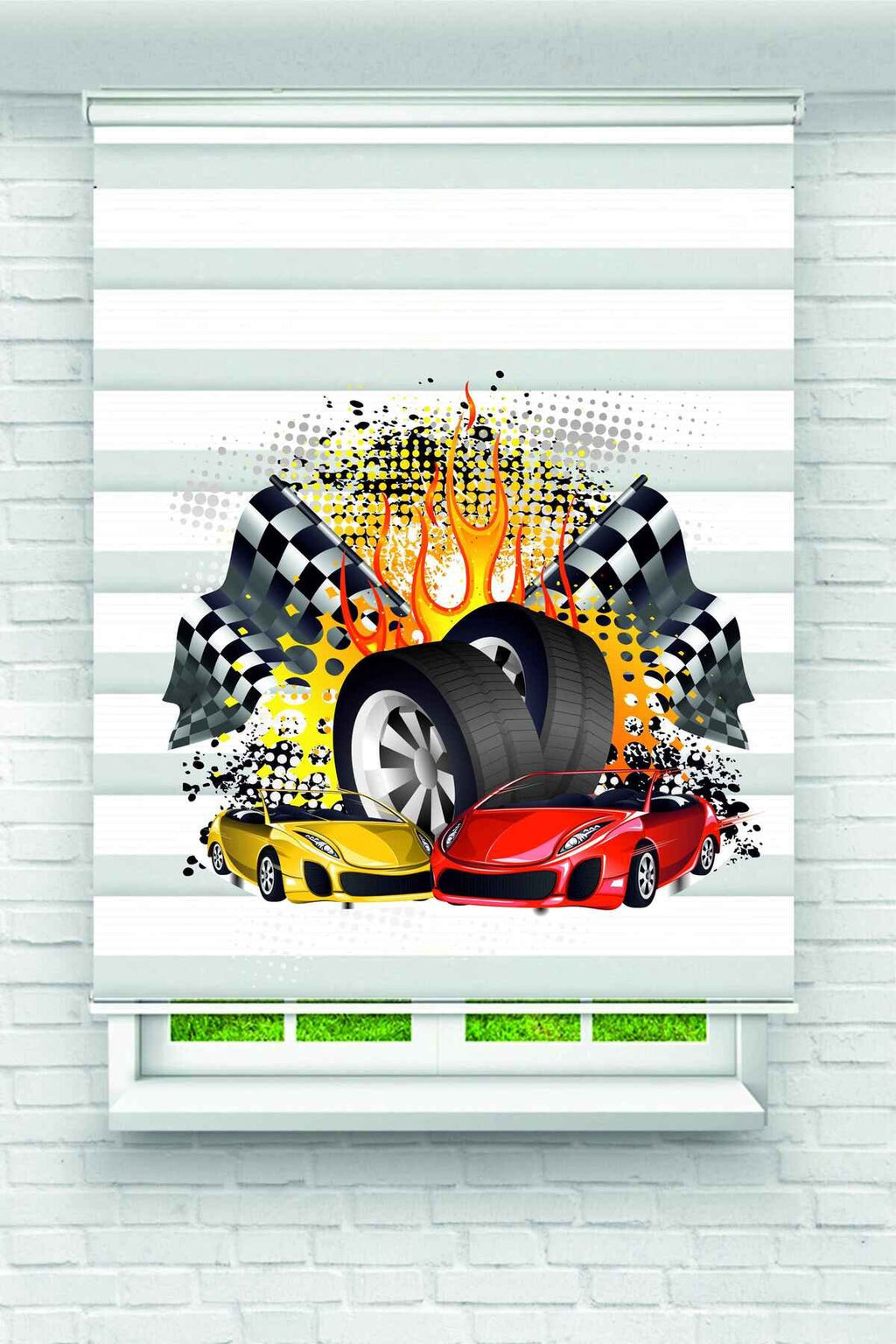 Yarış Lastiği ve Kırmızı Spor Araba Desenli Zebra Perde - YZN-149