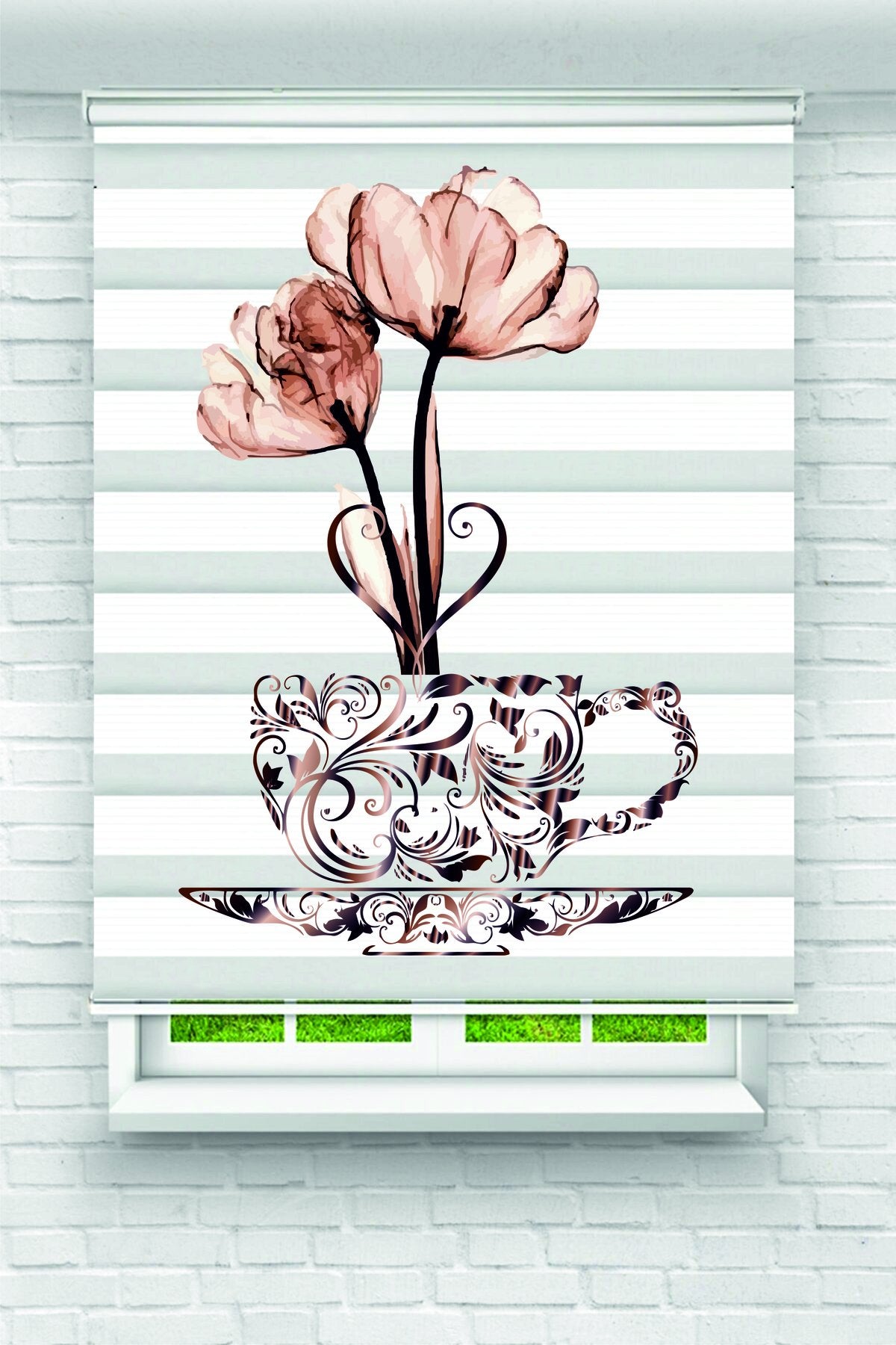Çiçekli Fincan Desenli Şık Zebra Perde – YZN-1018