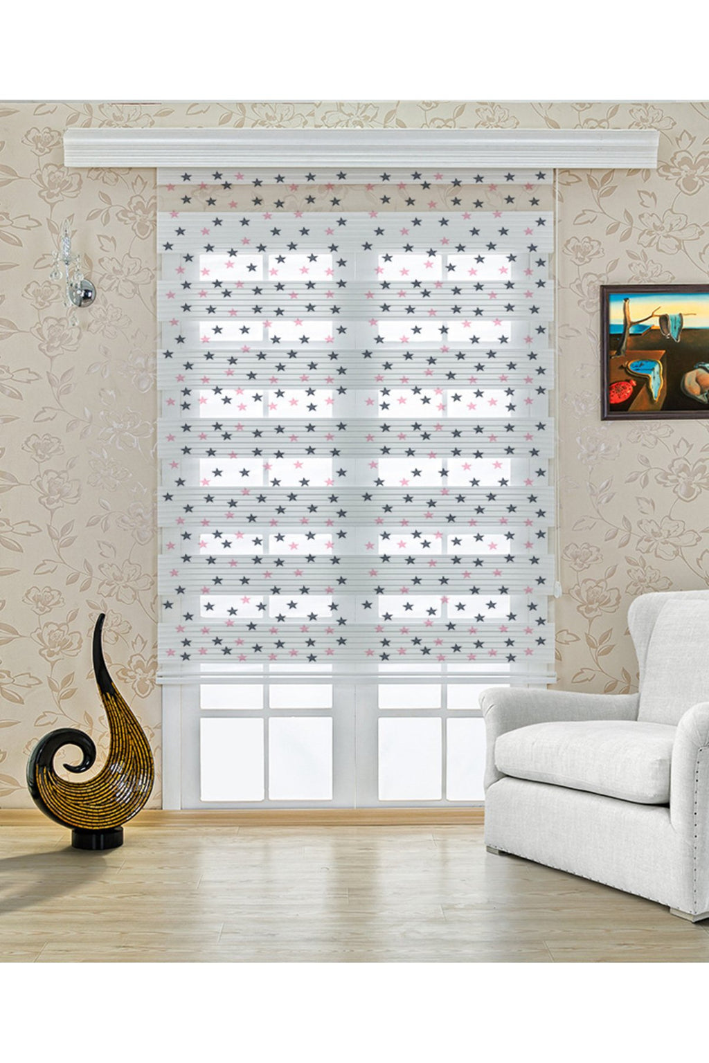 Çocuk odası - Gri Küçük Yıldız Desenli Zebra Perde - YZN-244