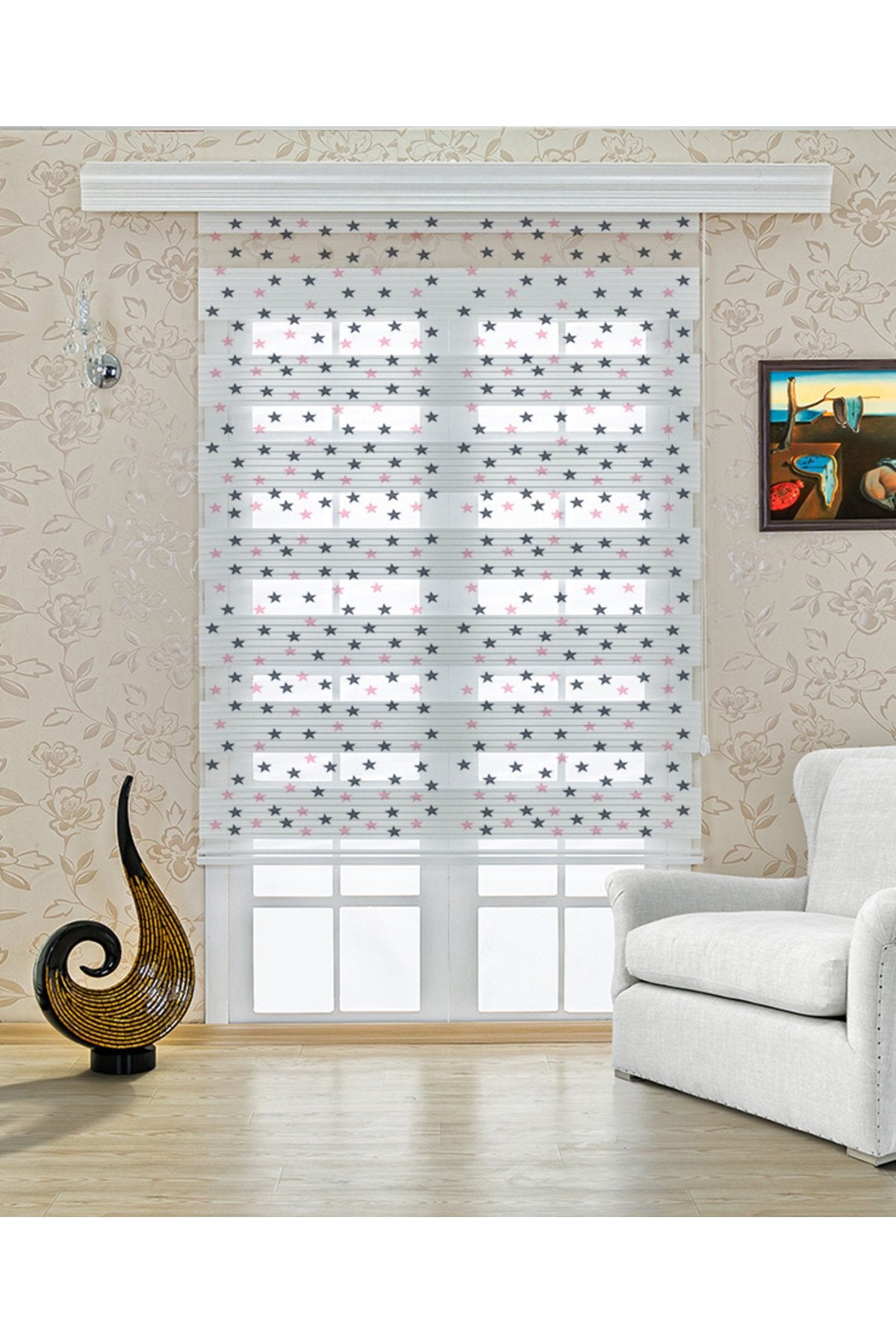 Çocuk odası - Gri Küçük Yıldız Desenli Zebra Perde - YZN-244