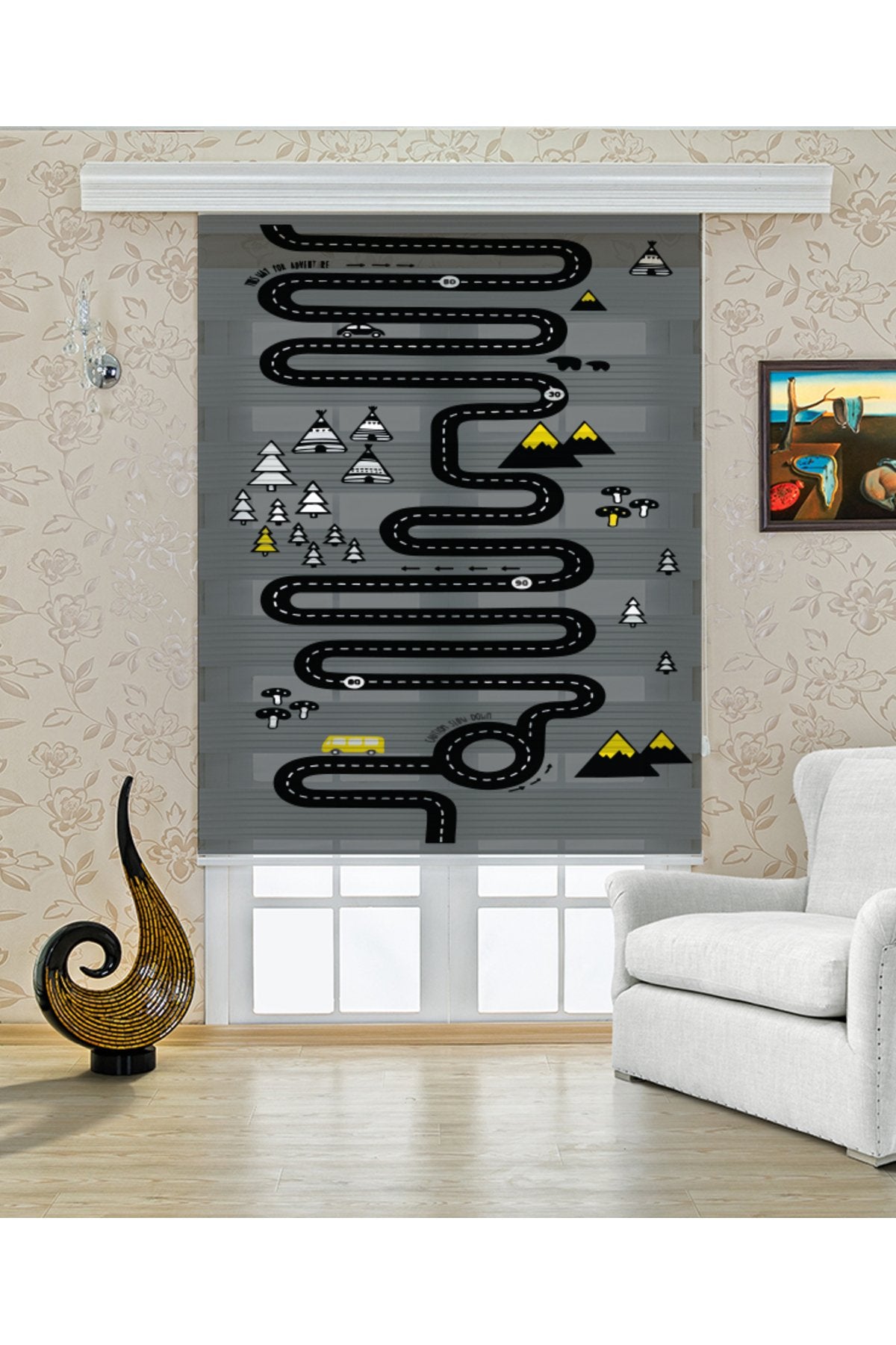 Çocuk odası- Koyu Zeminli Uzun Yol ve Dağlar Desenli Zebra Perde - YZN-304