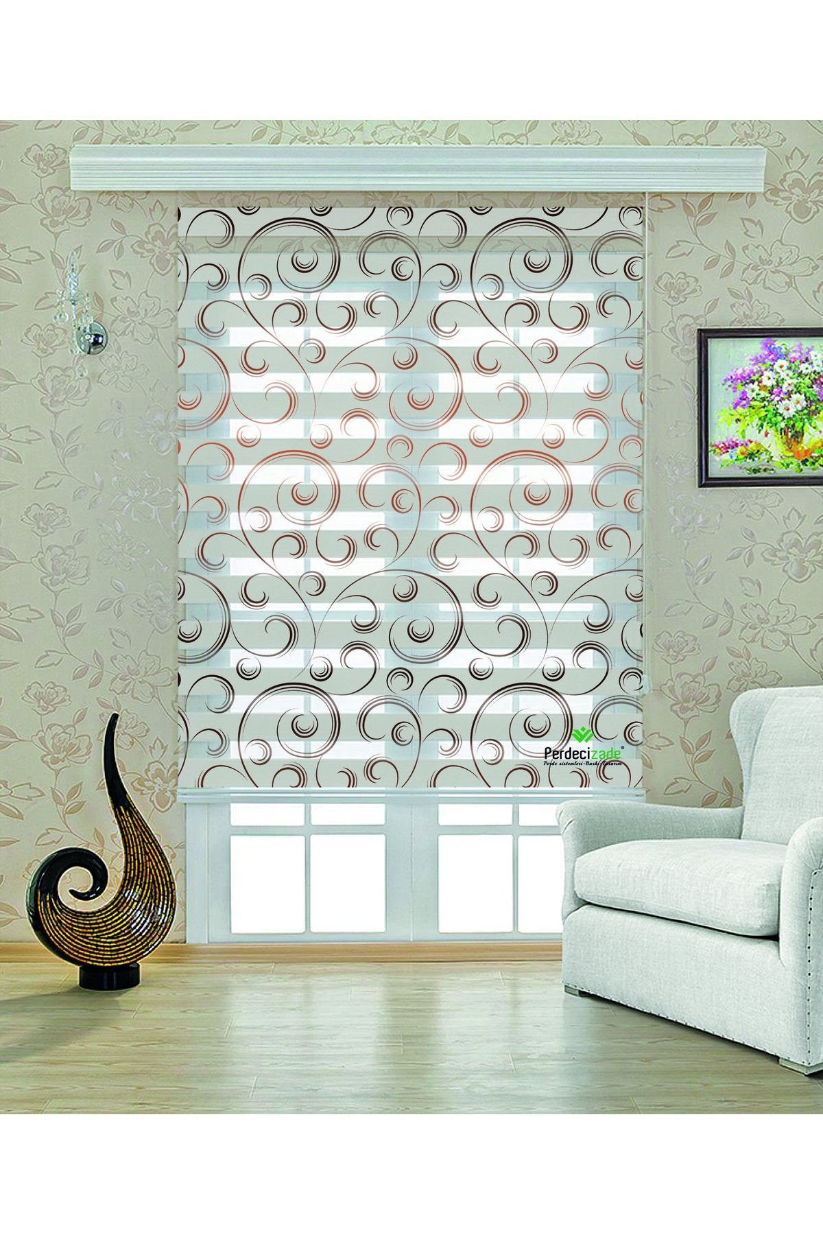 Klasik Spiral Desenli Gri-Bronz Zebra Perde – YZN-509