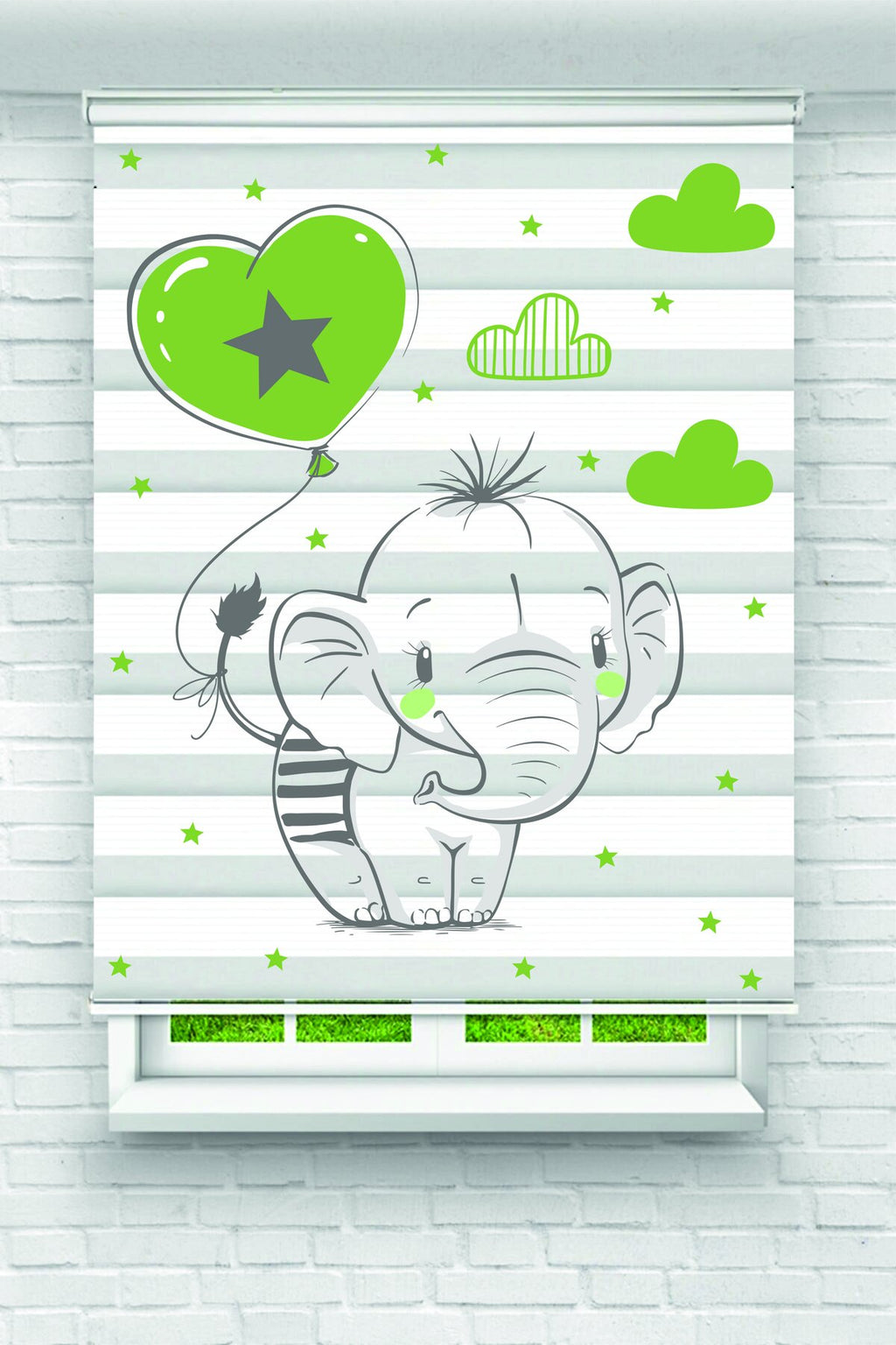 Çocuk odası- Yeşil Kalpli Balon Tutan Sevimli Fil Desenli Zebra Perde - YZN-1122