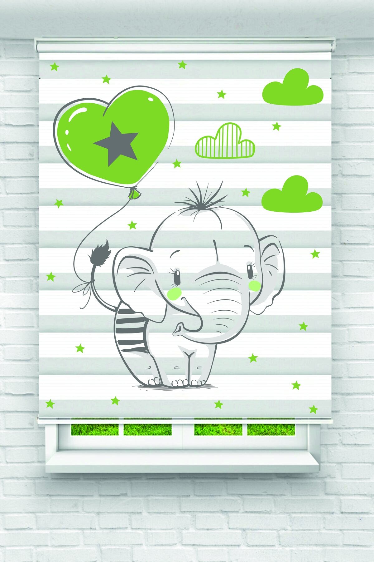 Çocuk odası- Yeşil Kalpli Balon Tutan Sevimli Fil Desenli Zebra Perde - YZN-1122