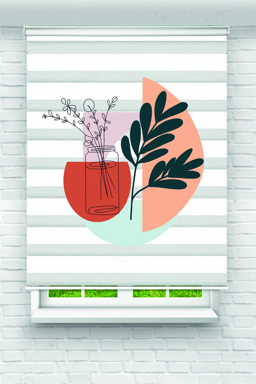 Minimal Turuncu Saksıda Çizgisel Yaprak Desenli Zebra Perde – YZN-1030