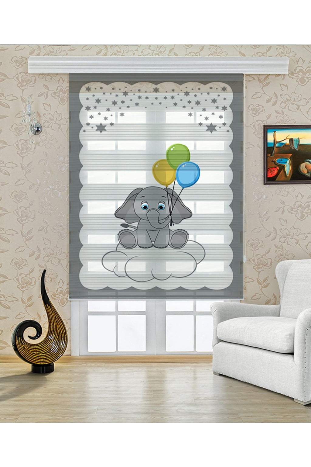 Çocuk odası- Bulut Üstünde Balonlu Fil Desenli Zebra Perde - YZN-307