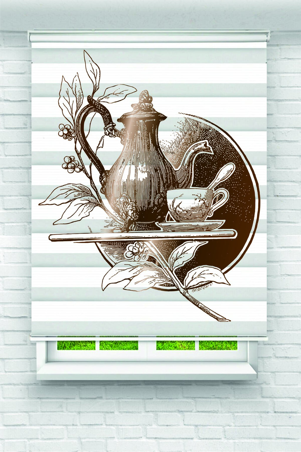 Kahverengi Eskiz Çay Takımı Desenli Zebra Perde – YZN-1016