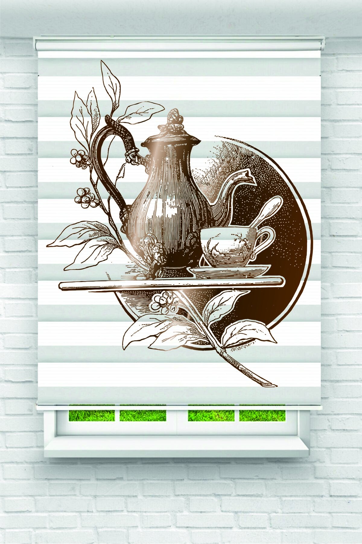 Kahverengi Eskiz Çay Takımı Desenli Zebra Perde – YZN-1016