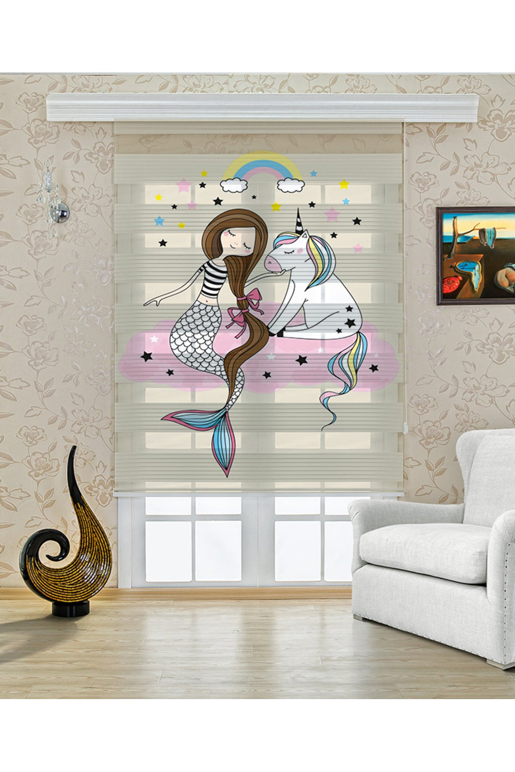 Çocuk odası Unicorn – Gökkuşağı Üzerinde Kız ve Unicorn Zebra Perde – YZN-321