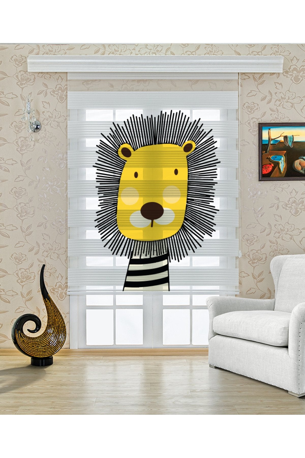 Çocuk odası- Sevimli Sarı Aslan Kafası Desenli Zebra Perde - YZN-414