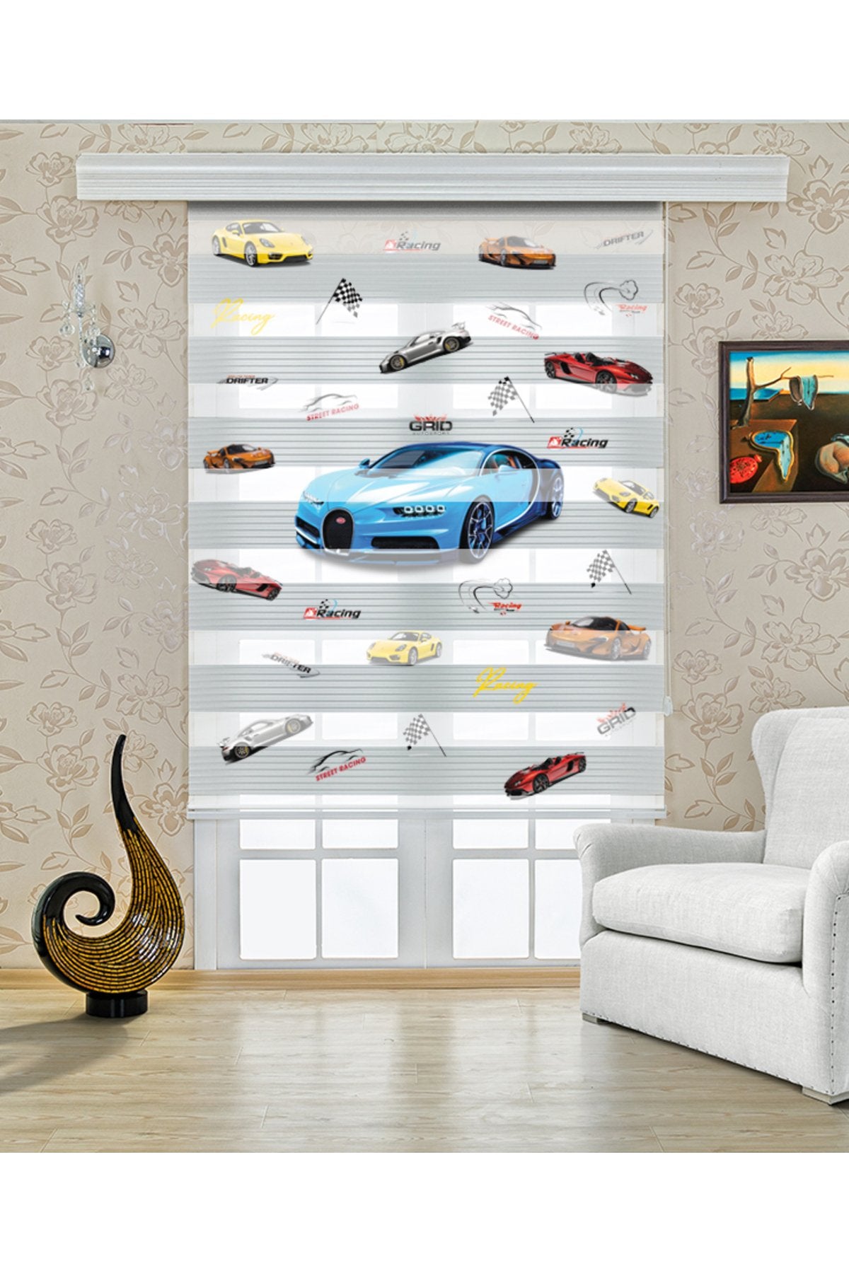 Çocuk odası- Mavi Spor Araba ve Küçük Arabalar Desenli Zebra Perde - YZN-754