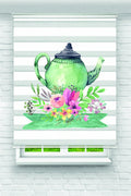 Yeşil Çaydanlık ve Çiçek Desenli Zebra Perde – YZN-1014