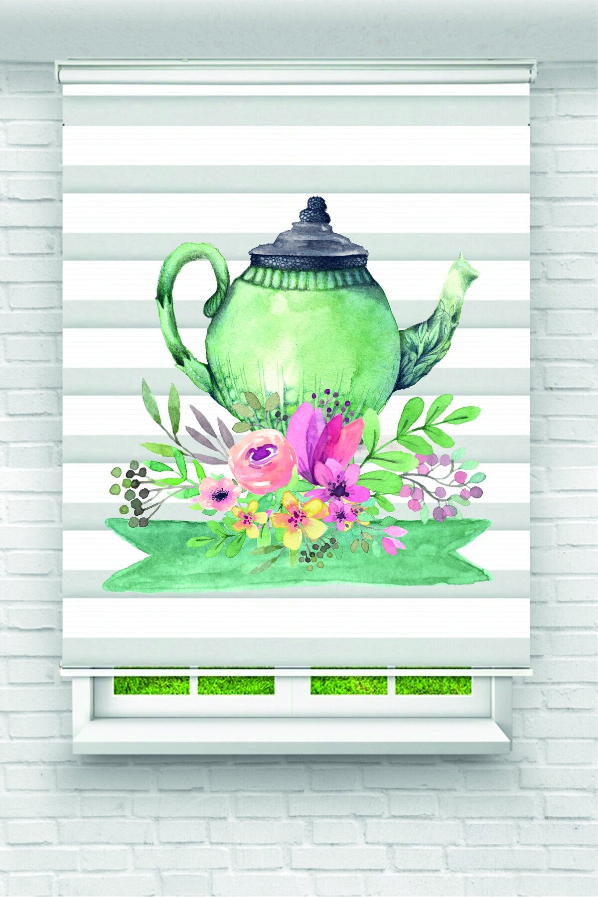 Yeşil Çaydanlık ve Çiçek Desenli Zebra Perde – YZN-1014